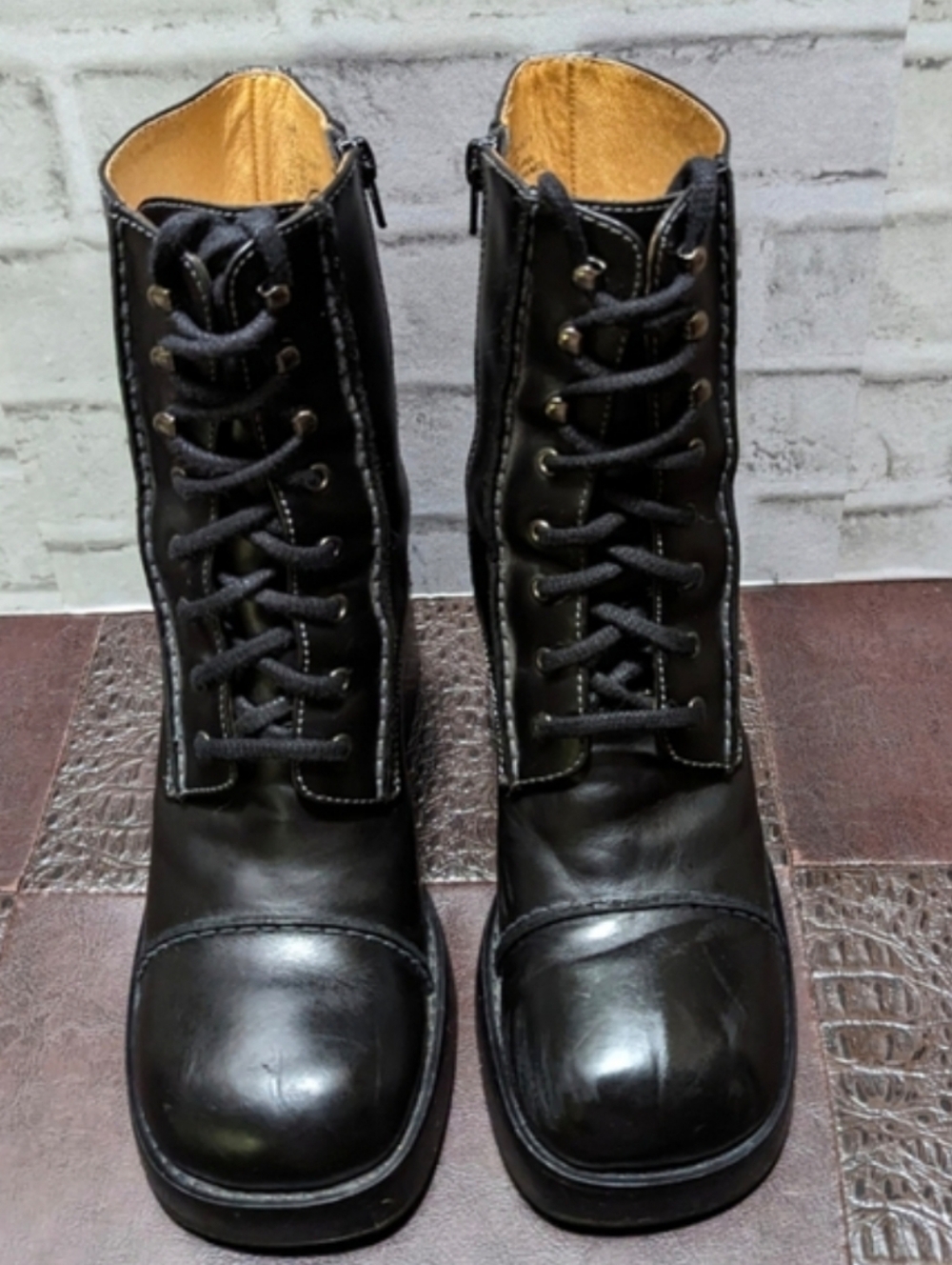Frye Vintage Y2K Villager Boot Lace Up Zip Stitch 70's Chunky Heel Black Size 9 - Picture 16 of 16